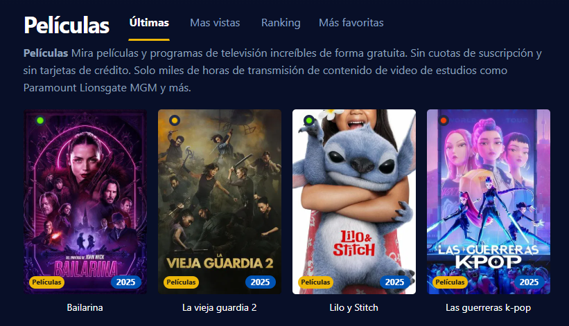 Captura de pantalla de la interfaz de usuario de Cinecalidad, mostrando una variedad de películas y series en alta definición.